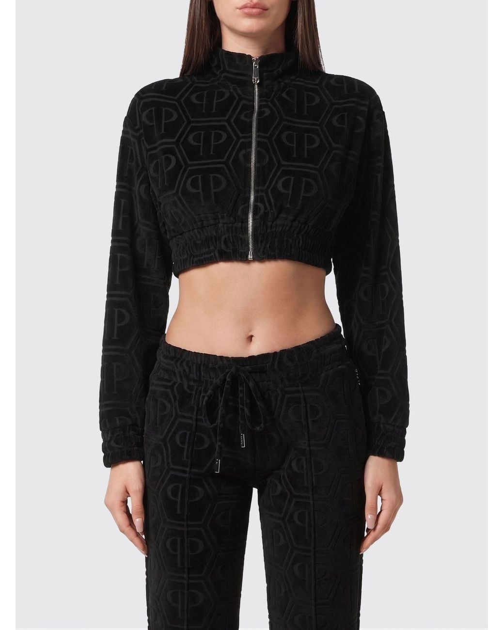 Philipp Plein Black Cotton Blend Cropped Sweatshirt