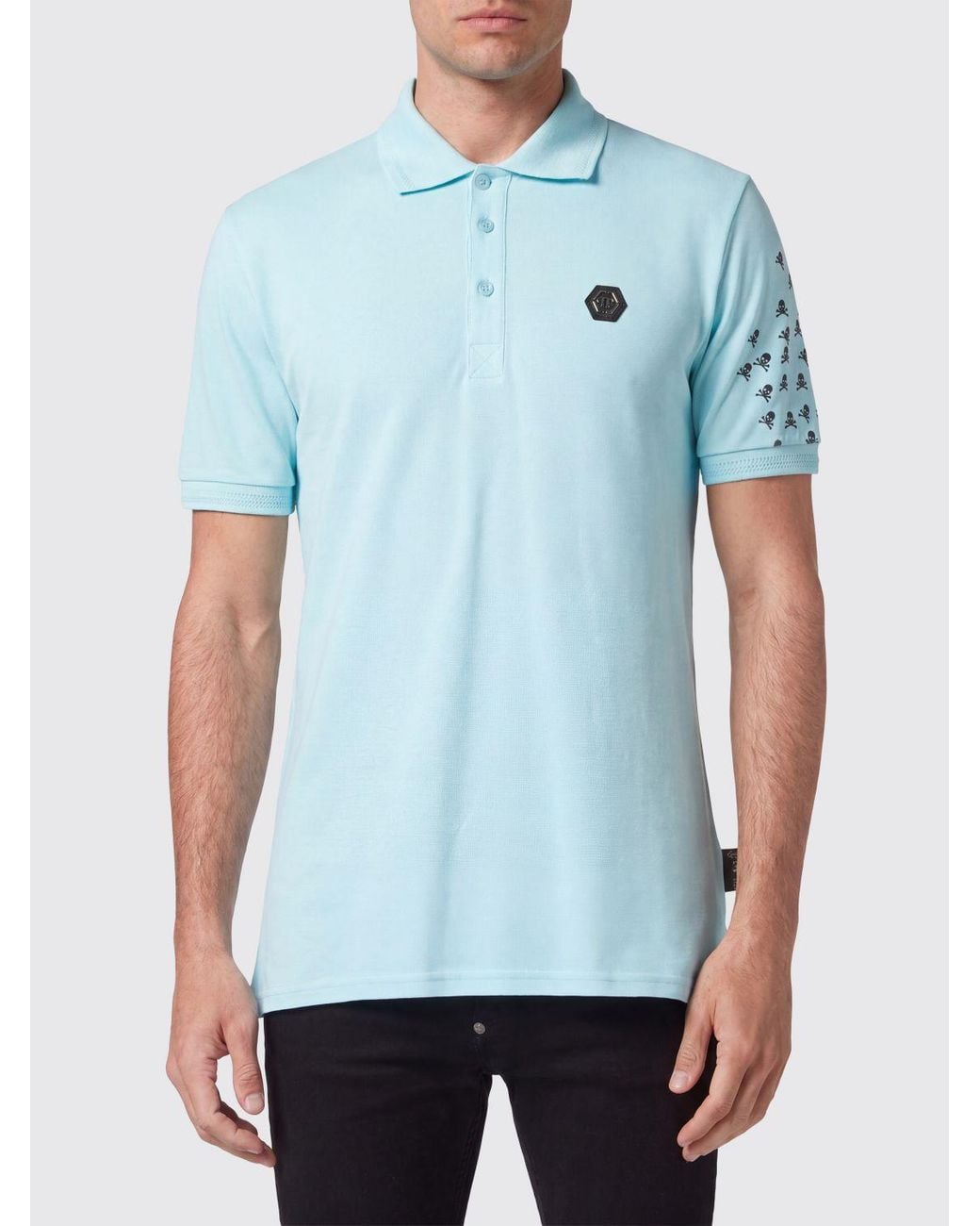 Philipp Plein Blue Cotton Polo Shirt With Skull Monogram Print And Hexagon Logo for men