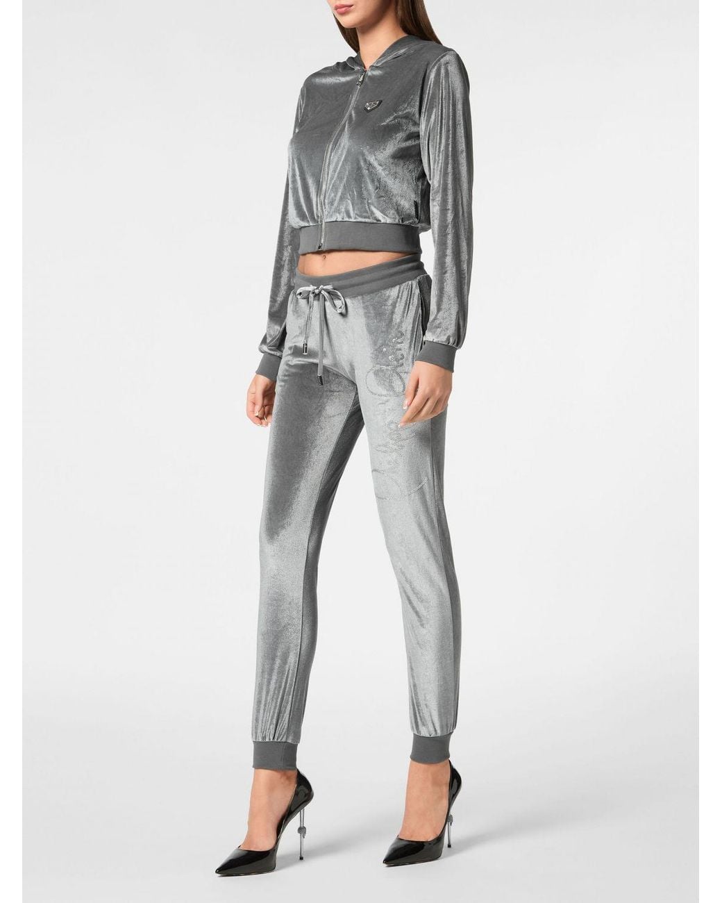 Philipp Plein Gray Velvet Track Trousers With Rhinestone Logo