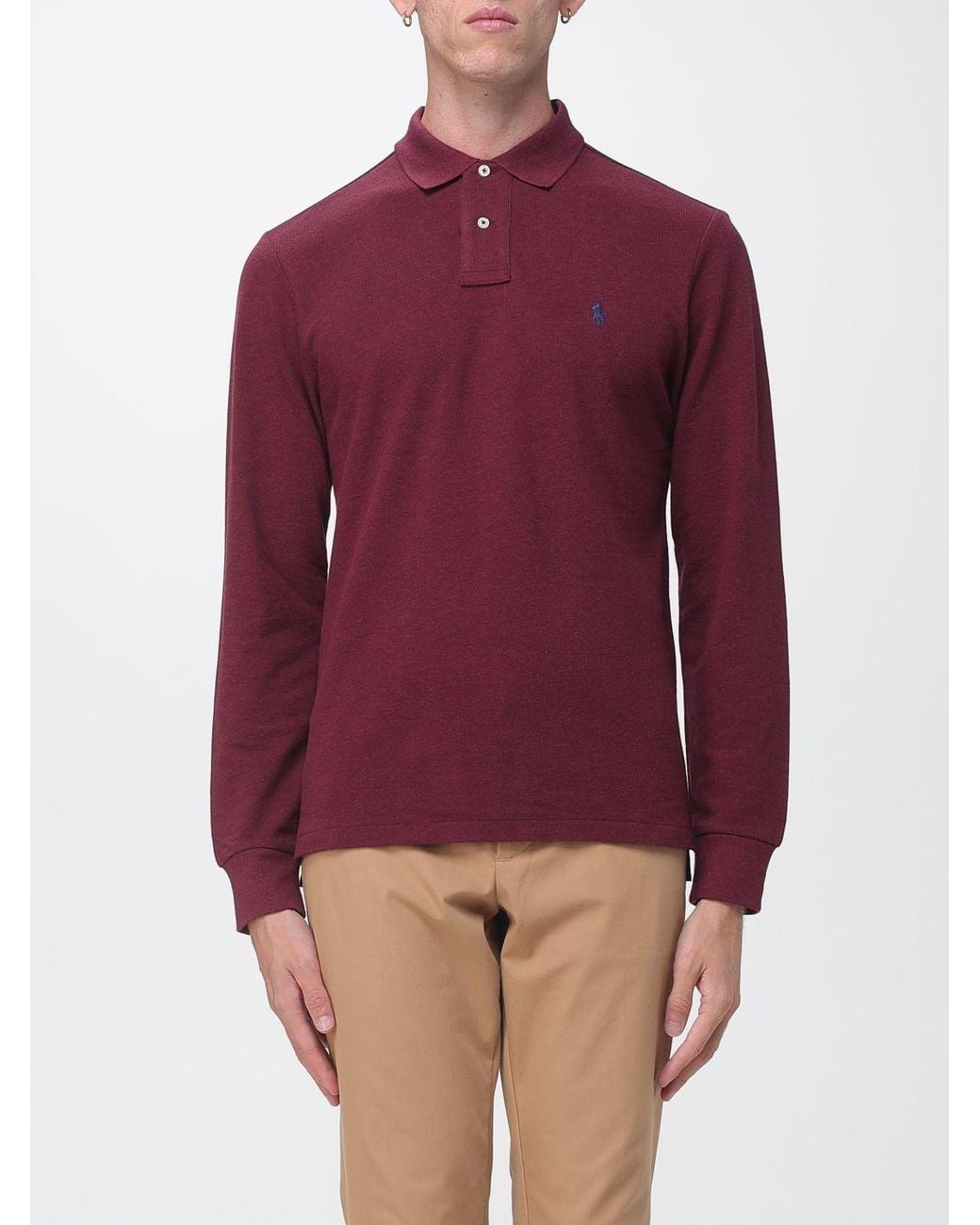 Polo Ralph Lauren Red Long-Sleeved Slim Fit Cotton Polo Shirt for men