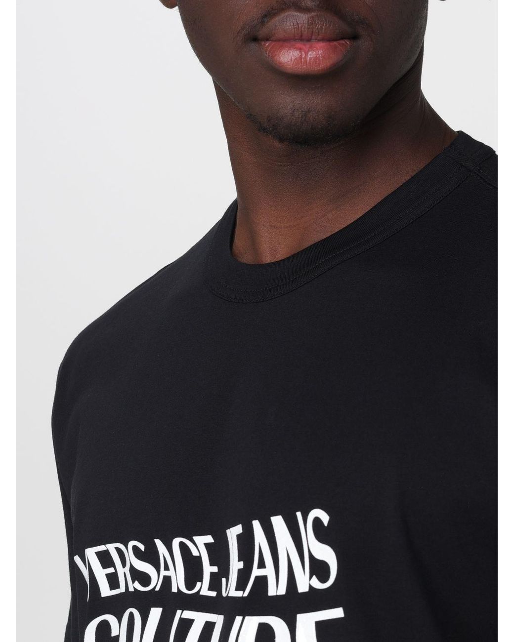 Versace Jeans Couture Black Cotton Crew Neck T-Shirt With Contrast Logo for men