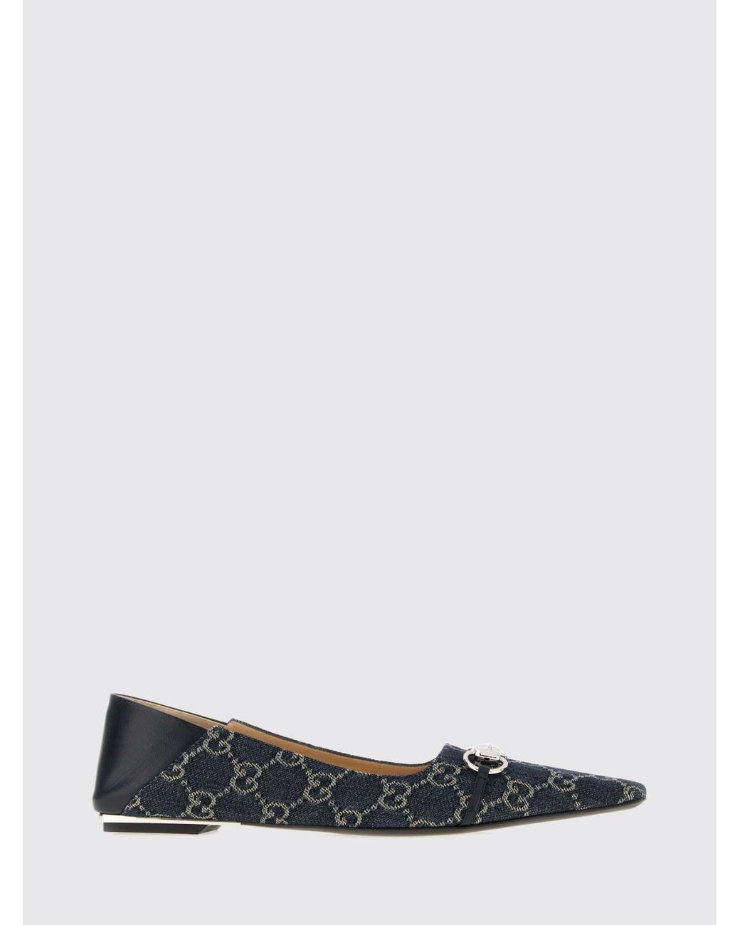 Gucci White Vittoria Tapered Toe Gg Jacquard Denim Ballet Flats With Horsebit Detail