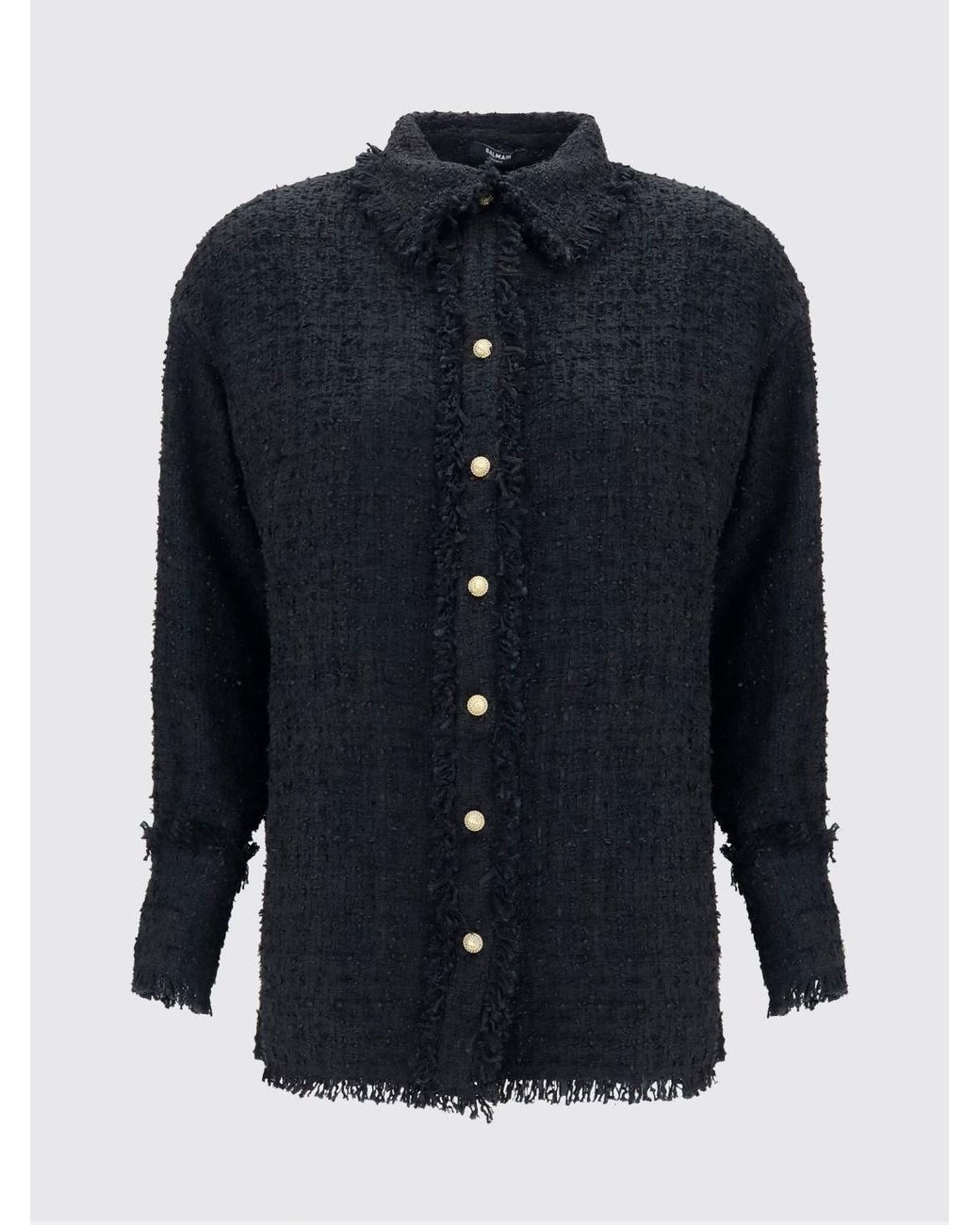 Balmain Blue Slim Fit Cotton Tweed Shirt Jacket With Frayed Hem