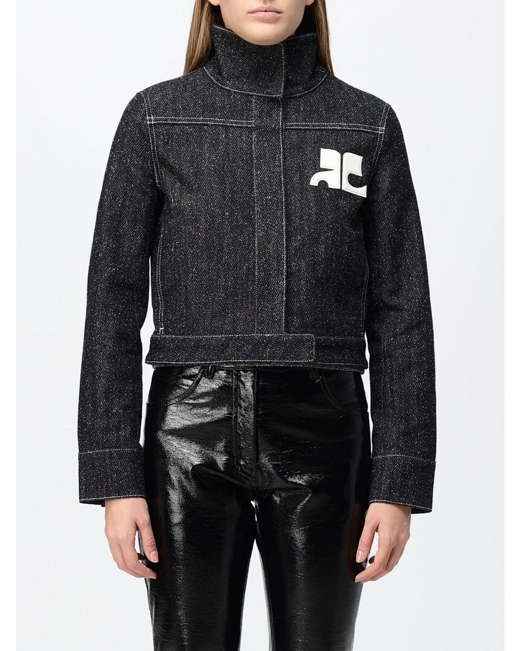 Courreges Black CourrÈ Ges Short Denim Jacket With Contrast Logo And Funnel Neck