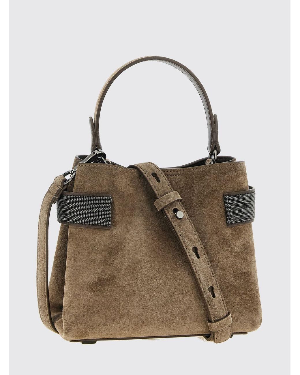Brunello Cucinelli Natural Small Suede Handbag With Monili Embellishment