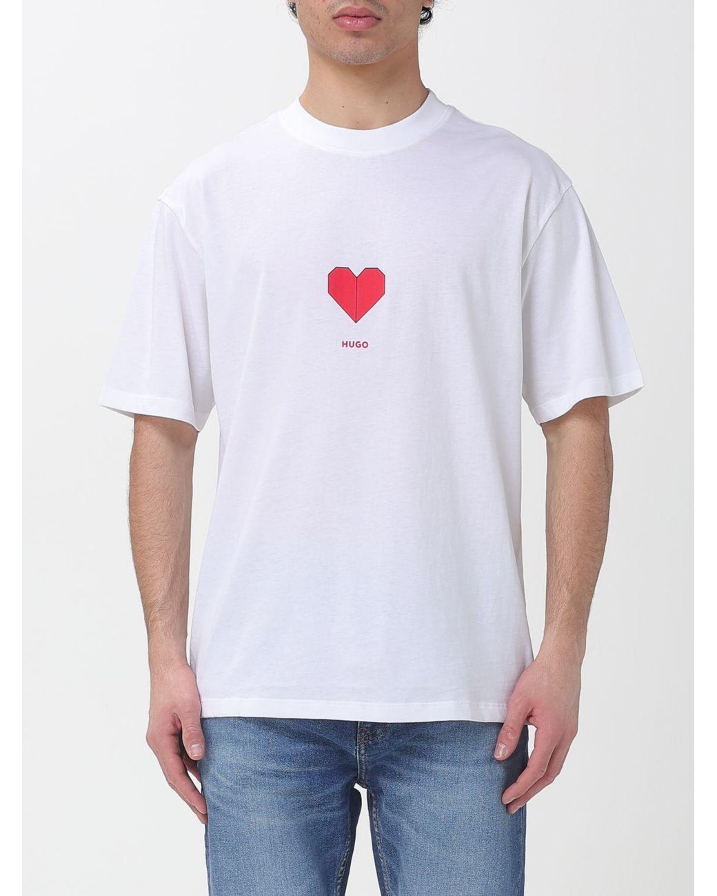 HUGO White Dalentin Cotton T-Shirt With Origami Heart Print for men