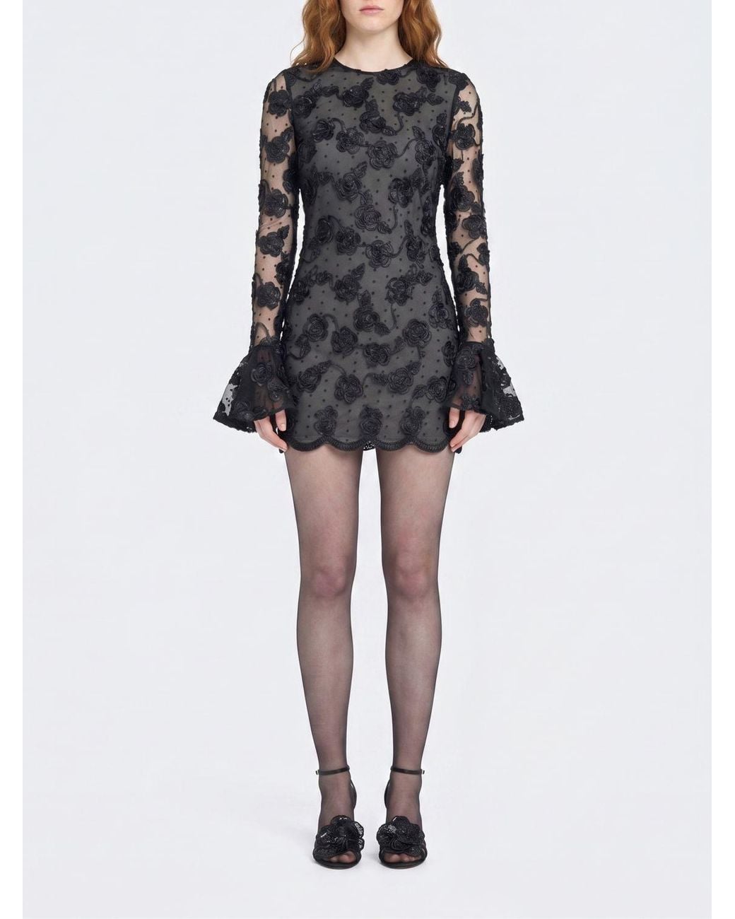 ROTATE BIRGER CHRISTENSEN Black Floral Print Jersey Mini Sheath Dress With Long Sleeves