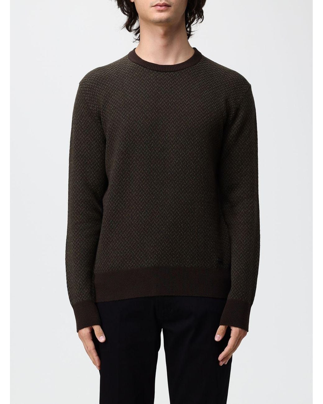 Brooksfield Black Patterned Pure Virgin Wool Crewneck Jumper for men