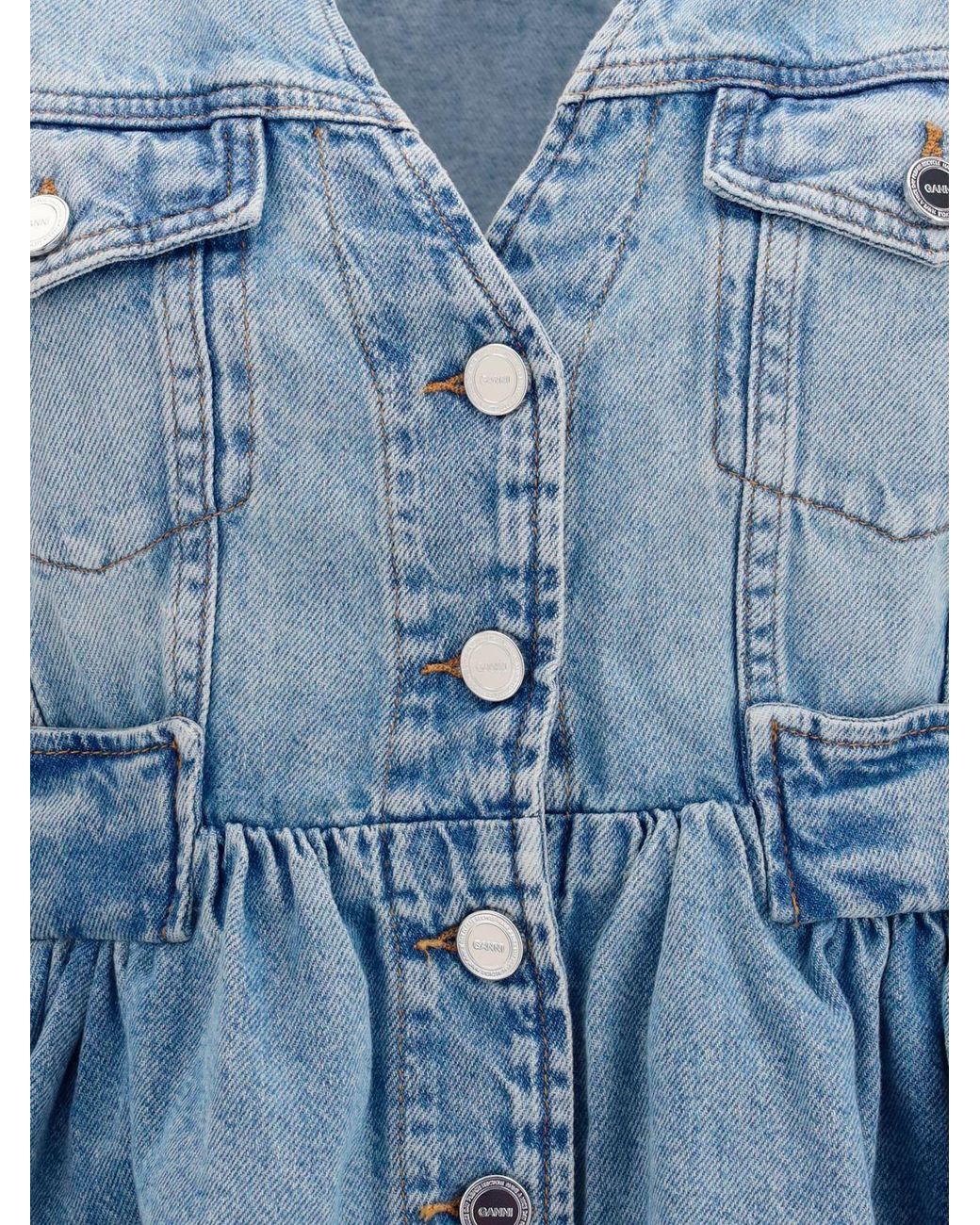 Ganni Blue Slim Fit V-Neck Denim Top With Flounces