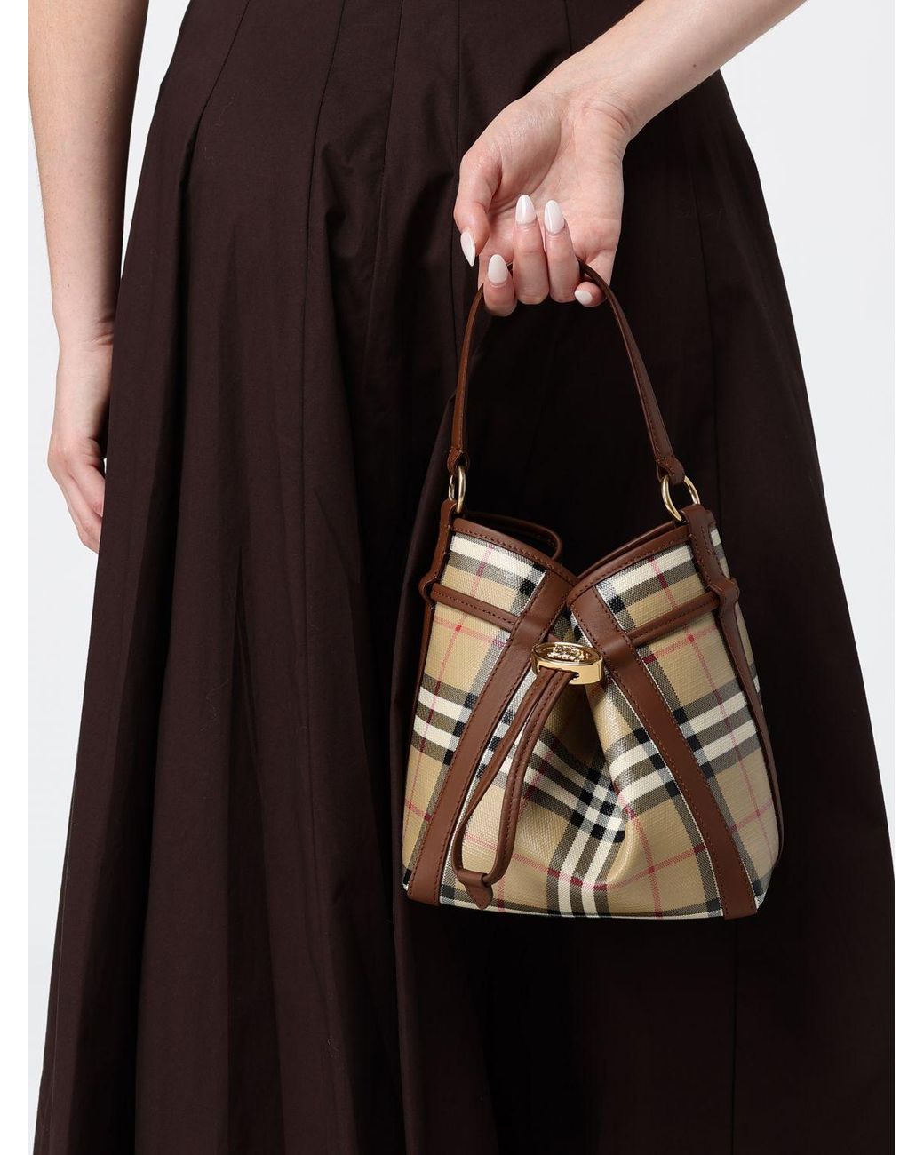 Burberry Natural Mini Vintage Check Canvas Bucket Bag With Ekd Logo