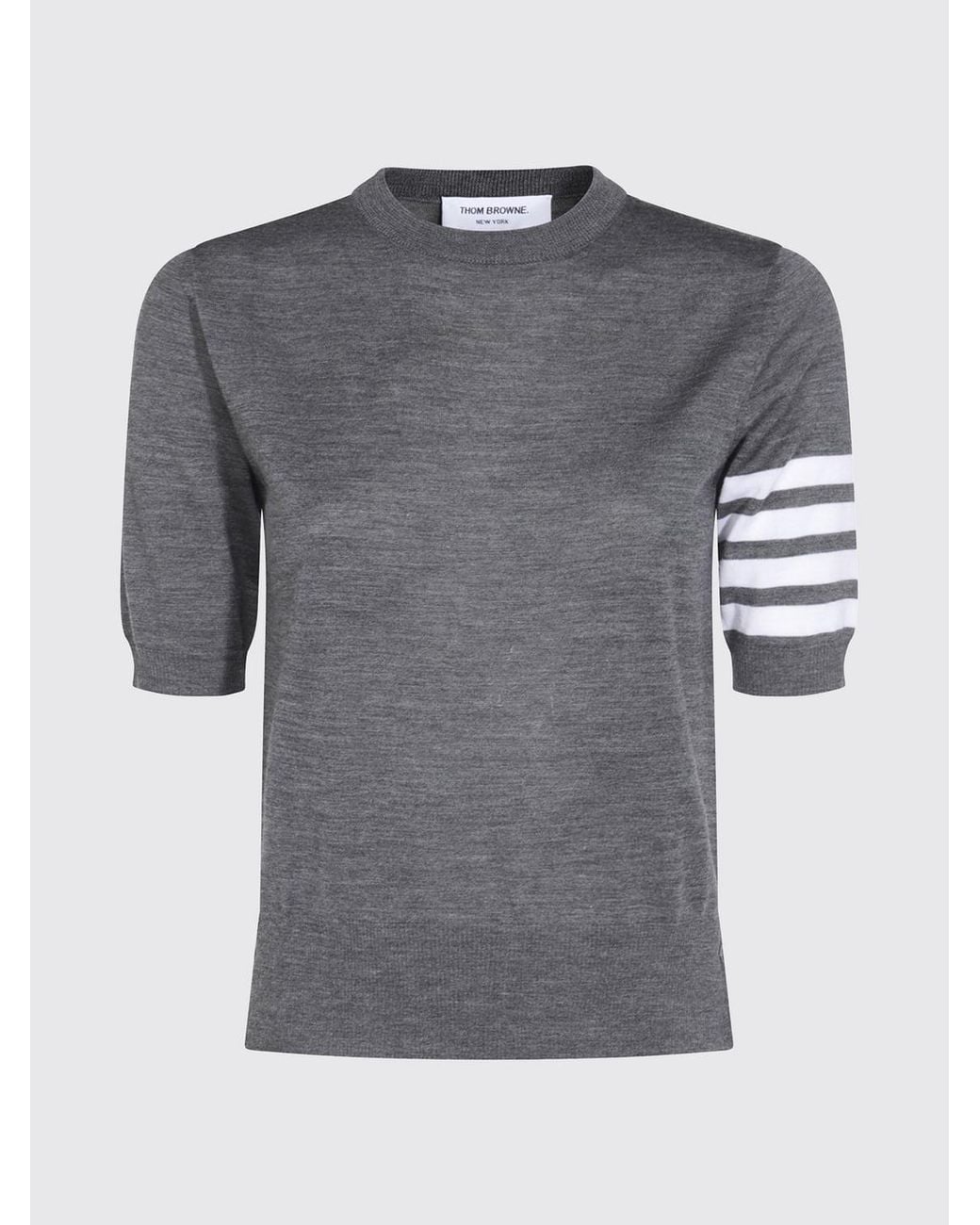 Thom Browne Gray Kurzärmeliger Rundhalspullover Aus Schurwolle Mit 4-Streifen-Motiv