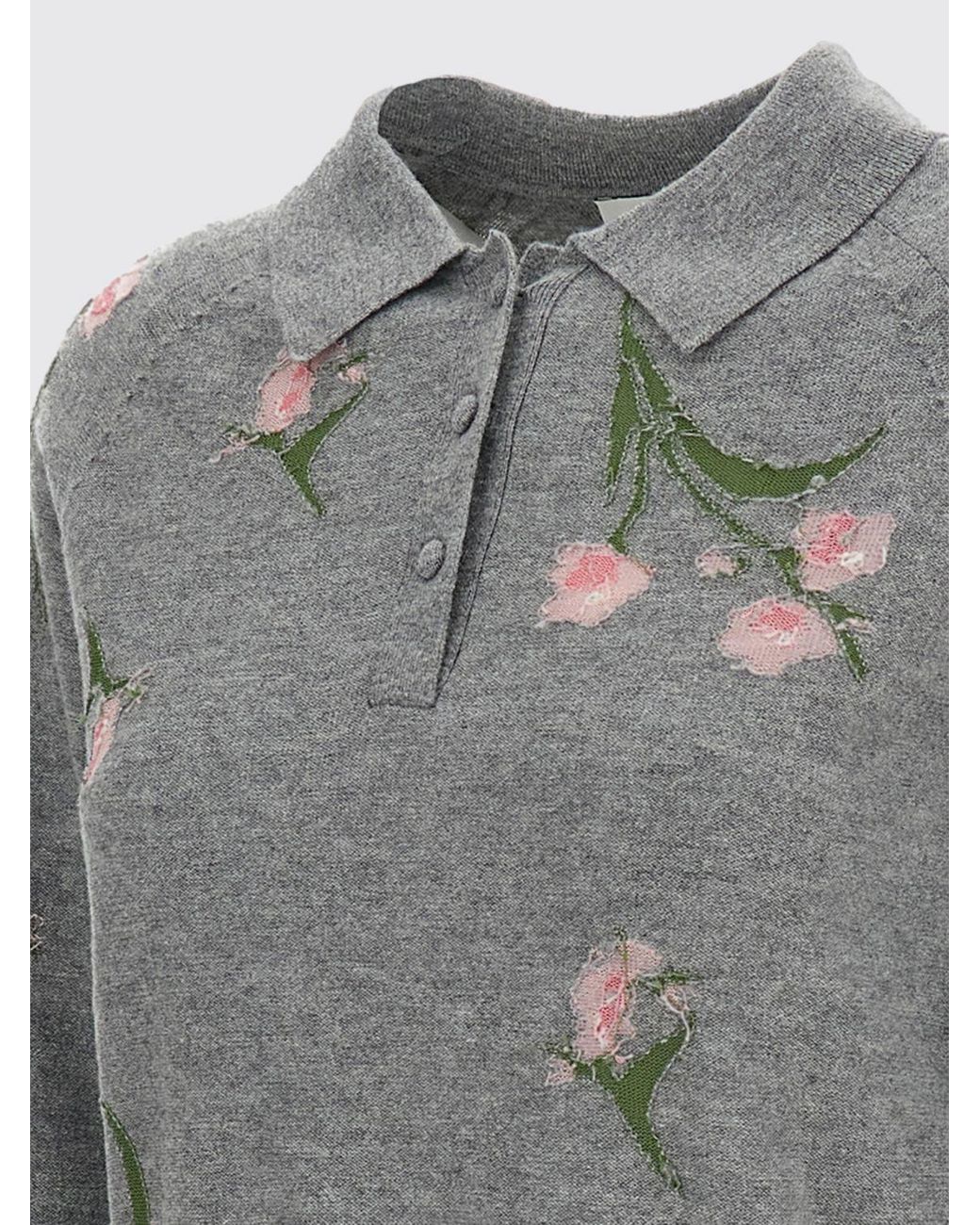 Erdem Gray Floral Long-Sleeved Wool Knit Polo