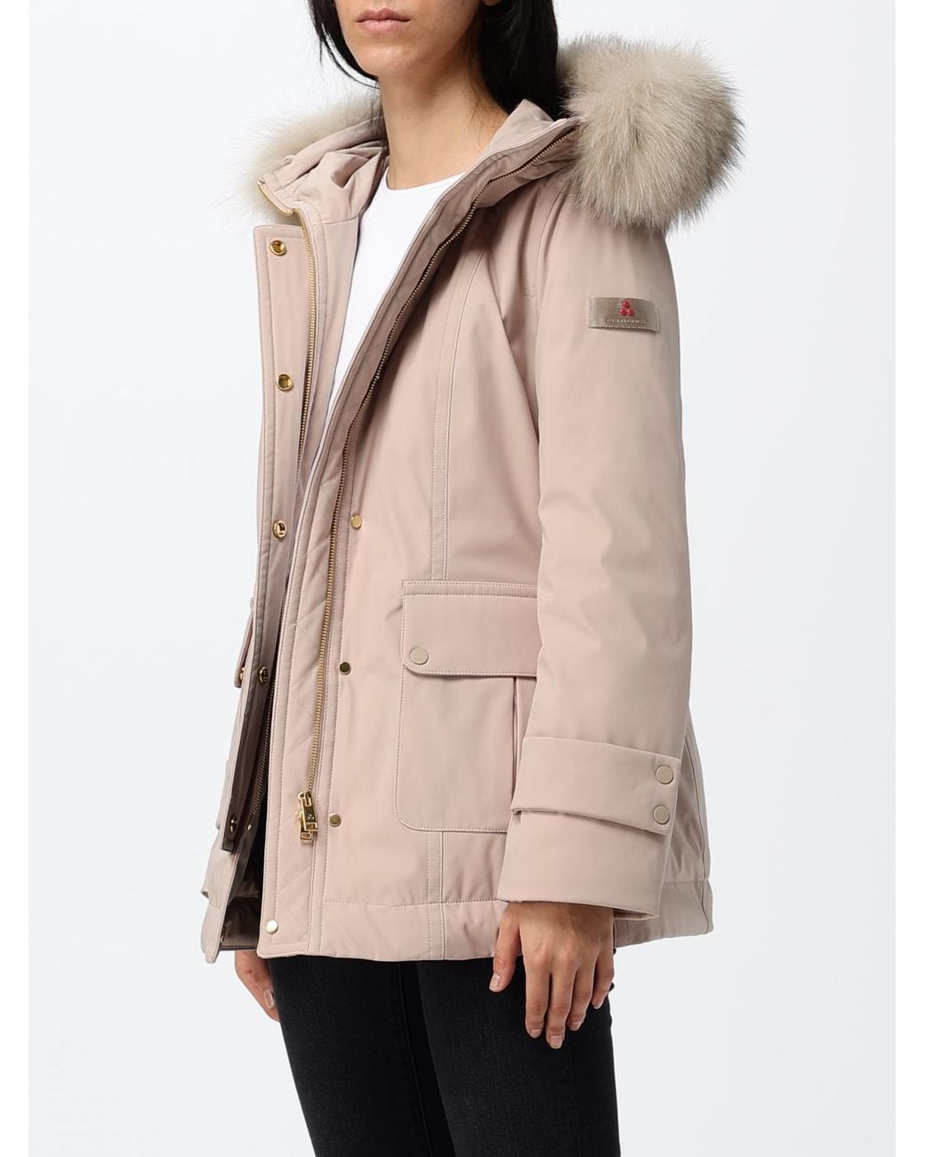Peuterey Natural Knee-Length Polyester Parka With Shearling Hood And Applied Logo