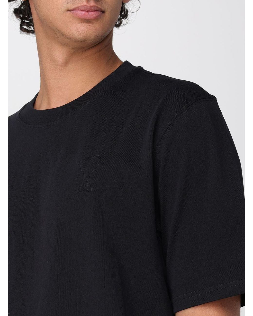 AMI Black Short-Sleeved Cotton T-Shirt With Front Logo Print for men