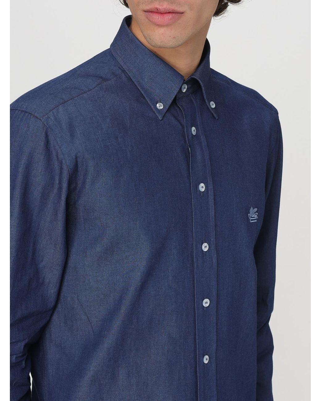 Etro Blue Cotton Shirt With Logo for men