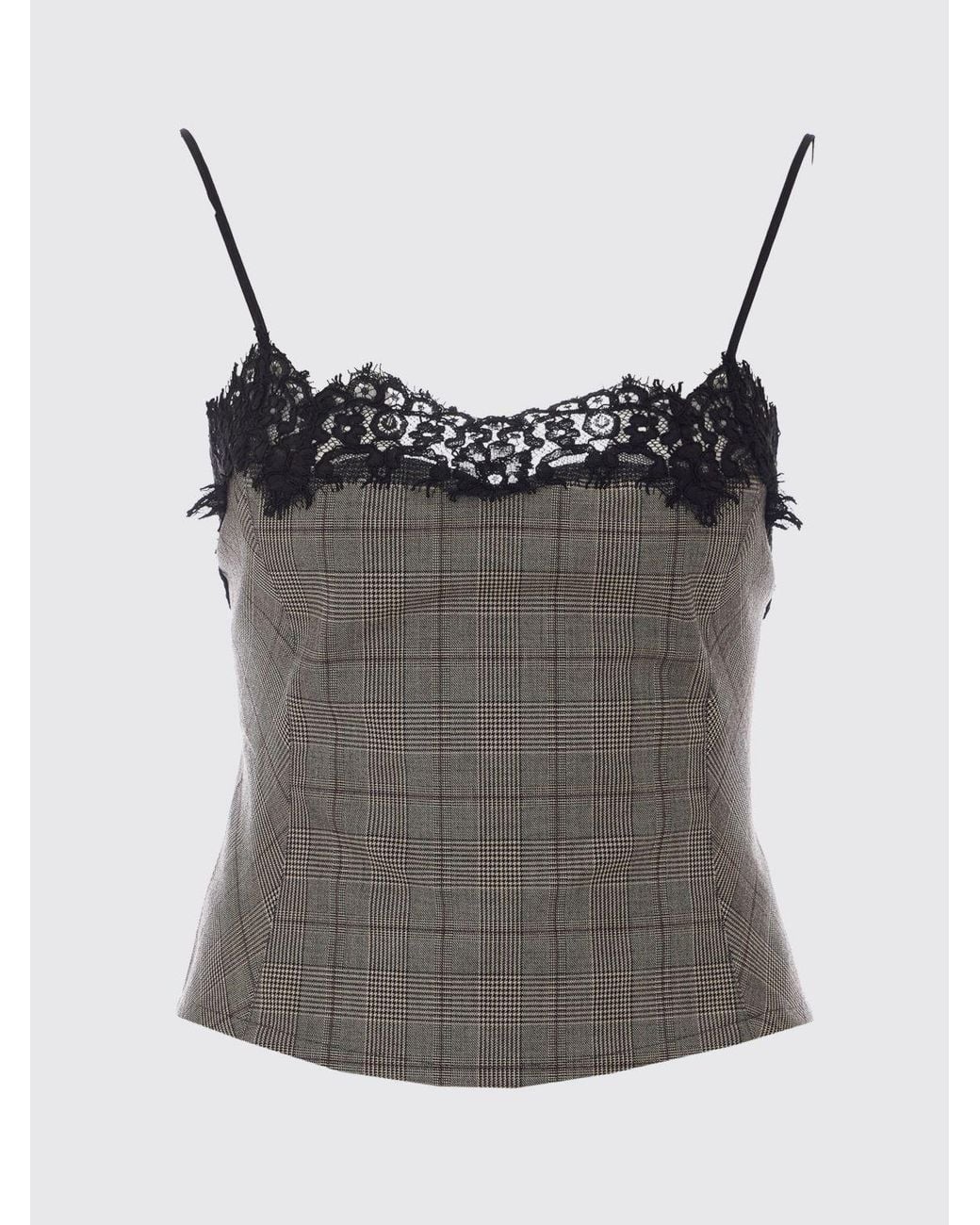 Pinko Blue Prince Of Wales Wool-Blend Top With Lace Inserts And Thin Straps