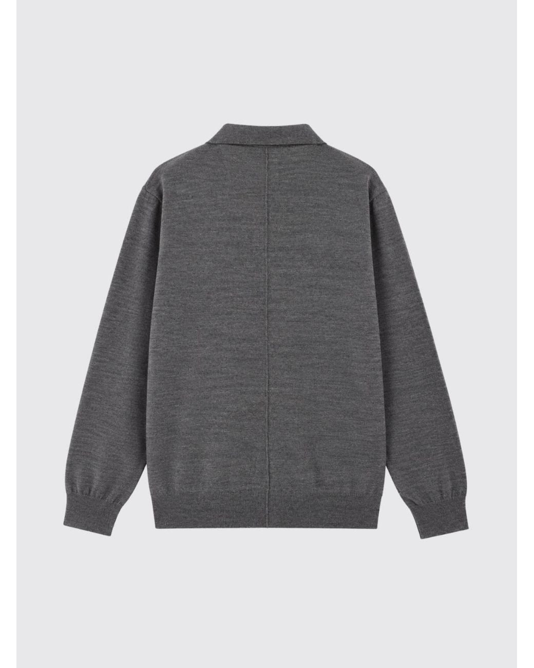 SOLOTRE Gray Long-Sleeved Wool Knit Polo Shirt With Ribbed Collar