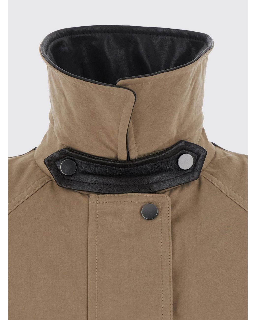 Brunello Cucinelli Brown Lightweight Cotton Jacket With Leather Collar And Patch Pockets