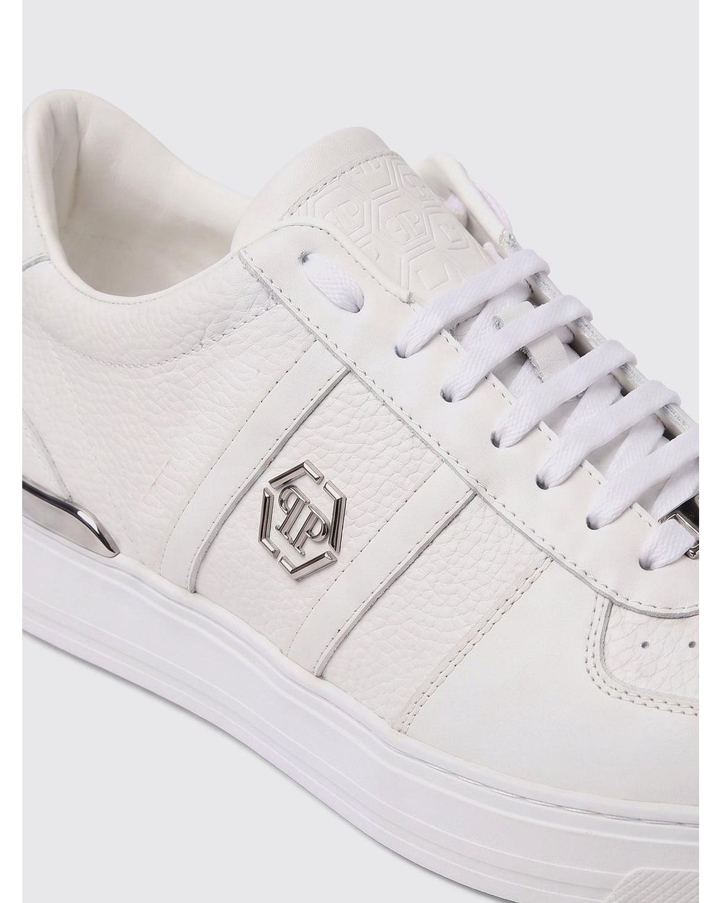 Philipp Plein White Low-Top Leather Trainers With Hexagon Logo And Round Toe for men