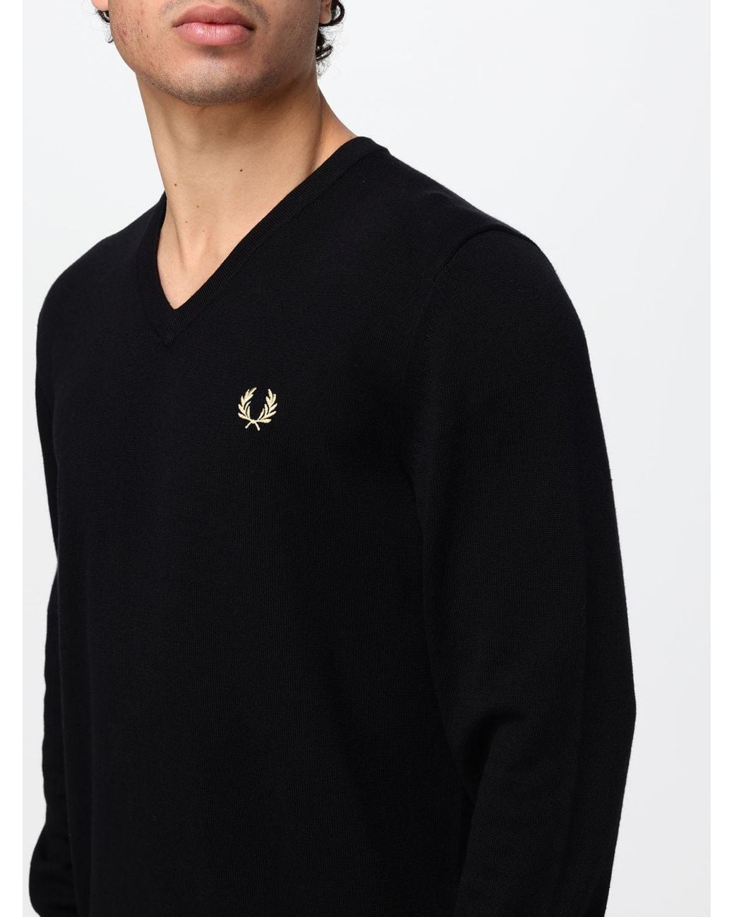 Fred Perry Black V-Neck Wool And Cotton Blend Jumper With Embroidered Logo for men