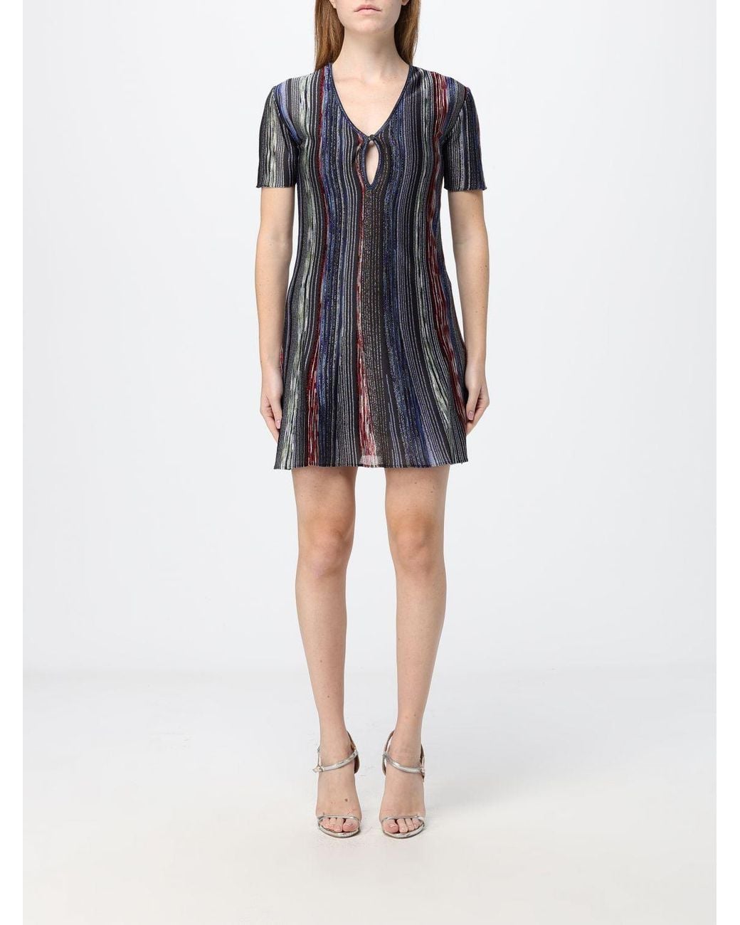 Missoni Blue Striped Lurex Sheath Mini Dress With V-Neck