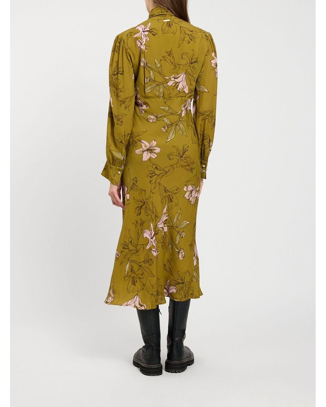 Twinset Metallic Floral Viscose Midi Sheath Dress With Pussy-Bow Collar