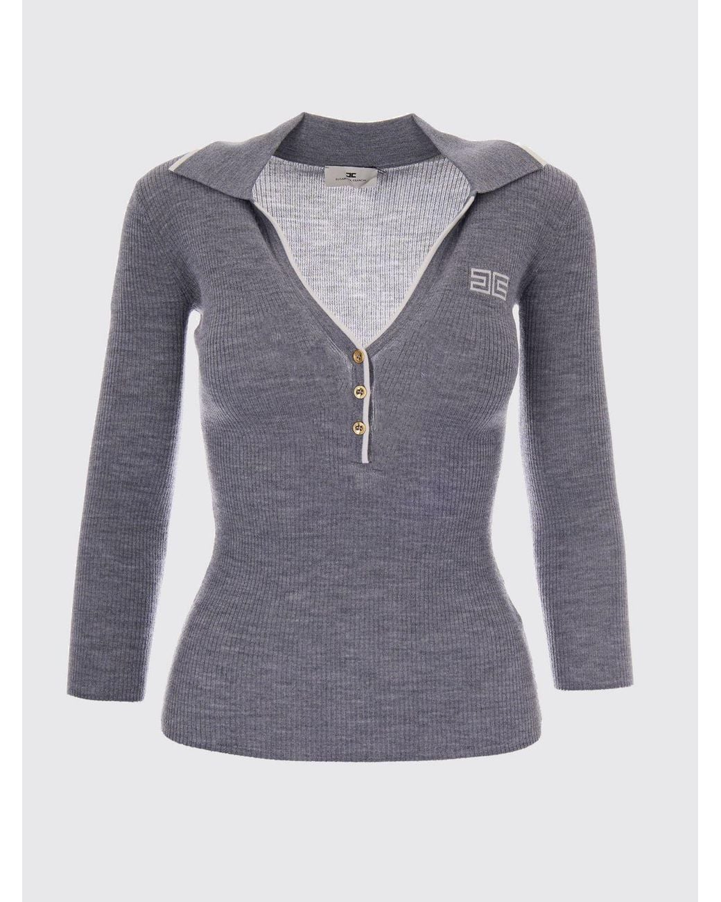 Elisabetta Franchi Blue Slim Fit Long-Sleeved Ribbed Knitted Polo Shirt