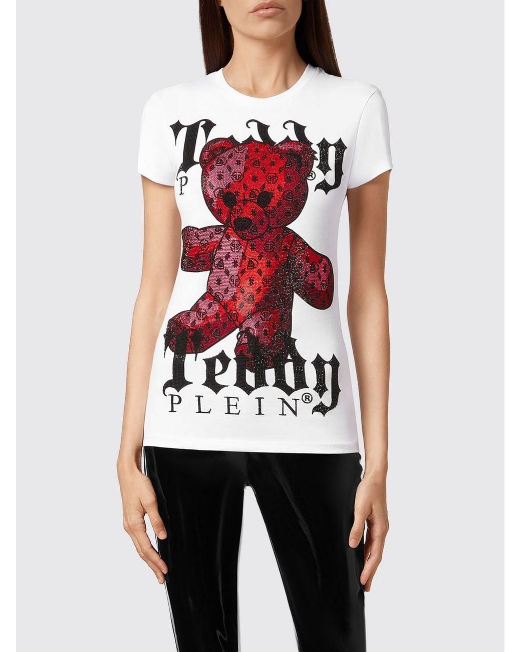 Philipp Plein White Slim Fit Jersey T-Shirt With Rhinestone Teddy Bear Graphic