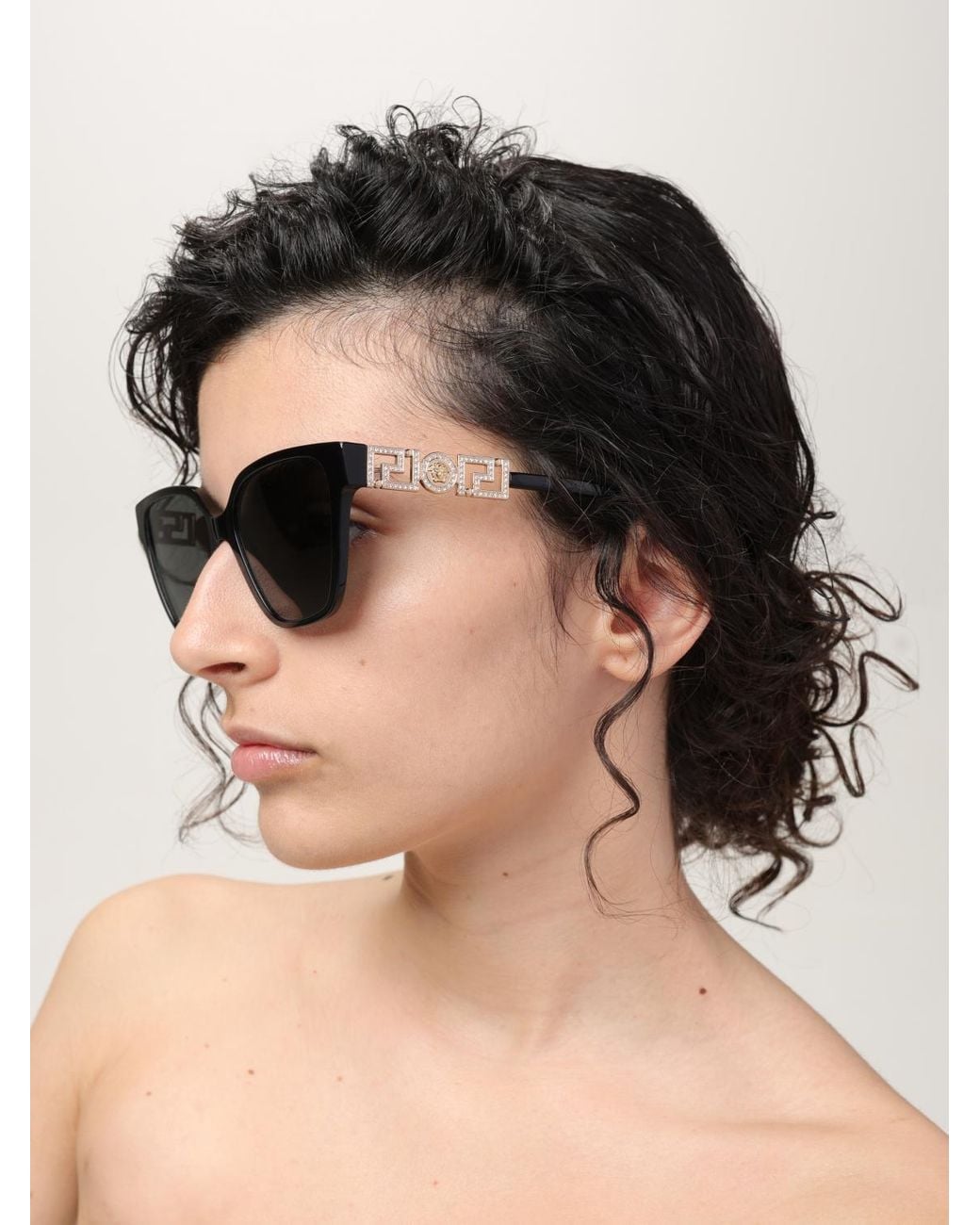 Versace Black Acetate Sunglasses With Set Rhinestones