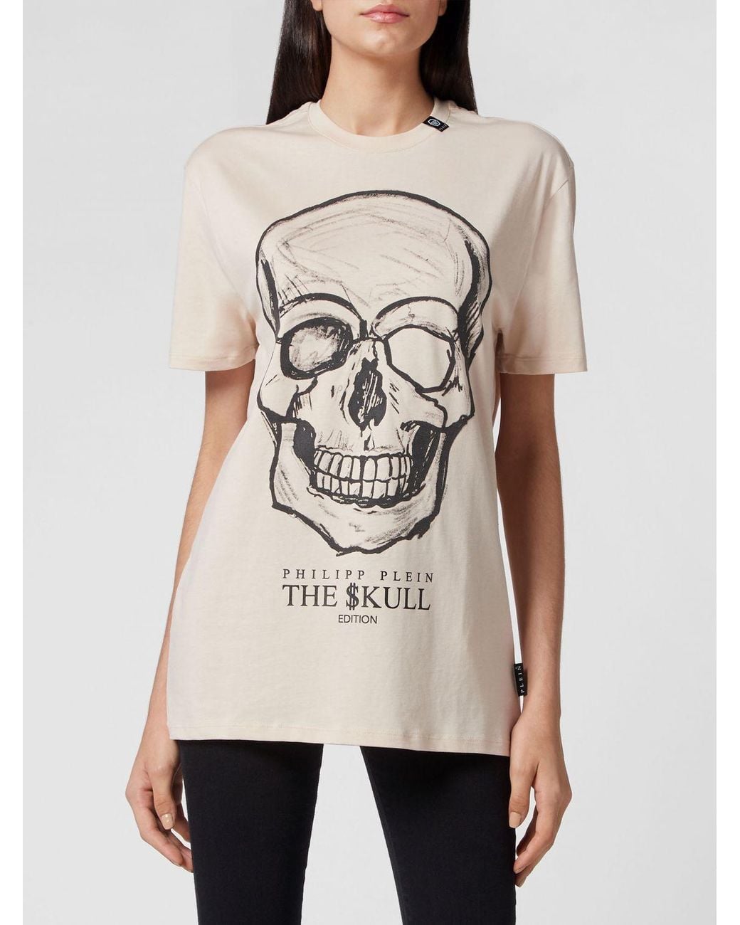 Philipp Plein Natural Skull Jersey T-Shirt With Contrast Logo Print