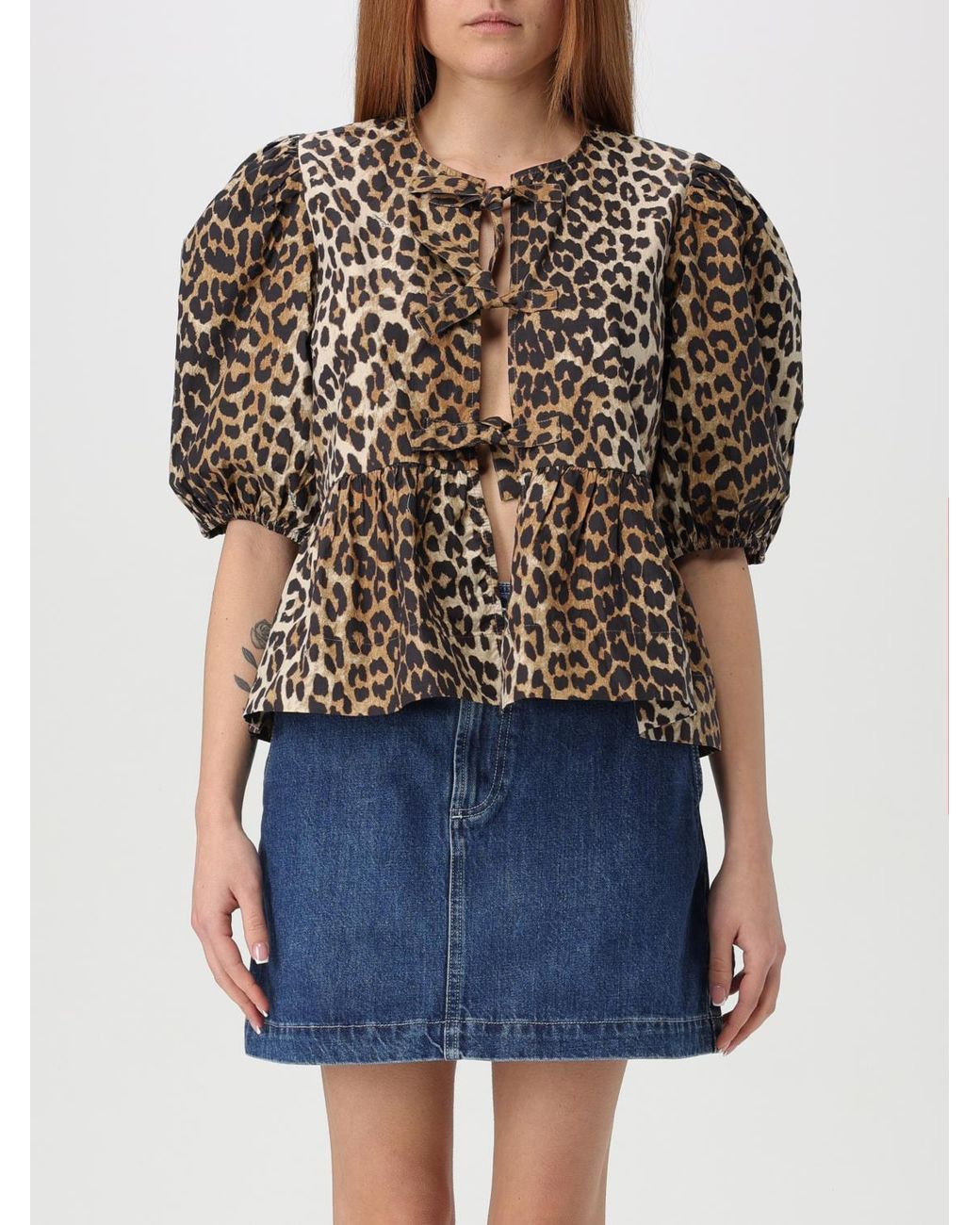 Ganni Blue Animal Print Organic Cotton Top