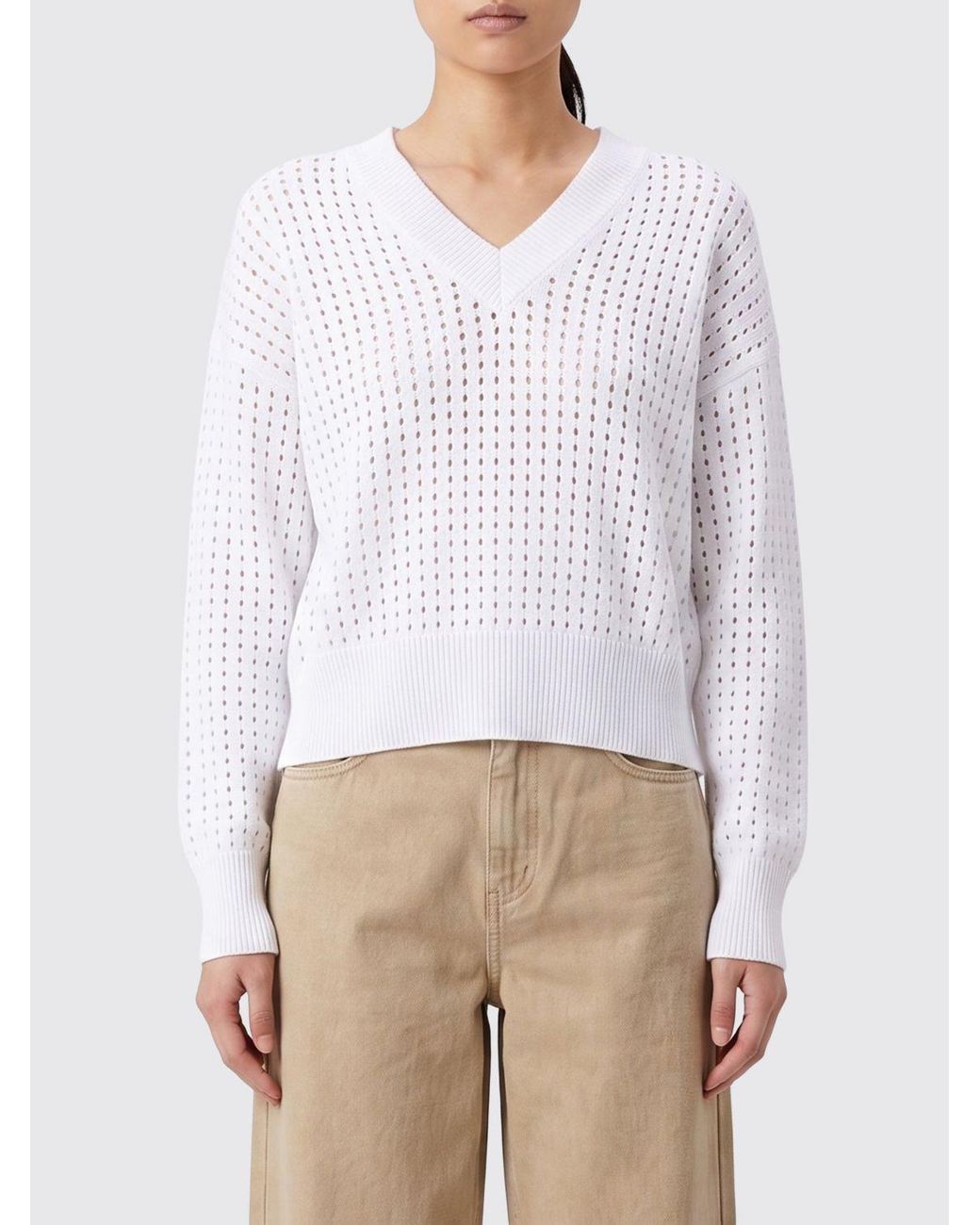 Kangra White Perforated Cotton V-Neck Knit