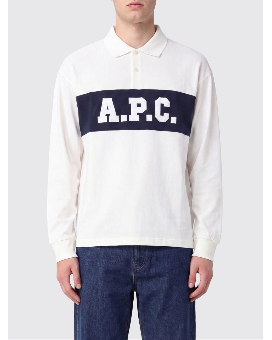 A.P.C. White Long-Sleeved Cotton Polo Shirt With Contrast Logo for men