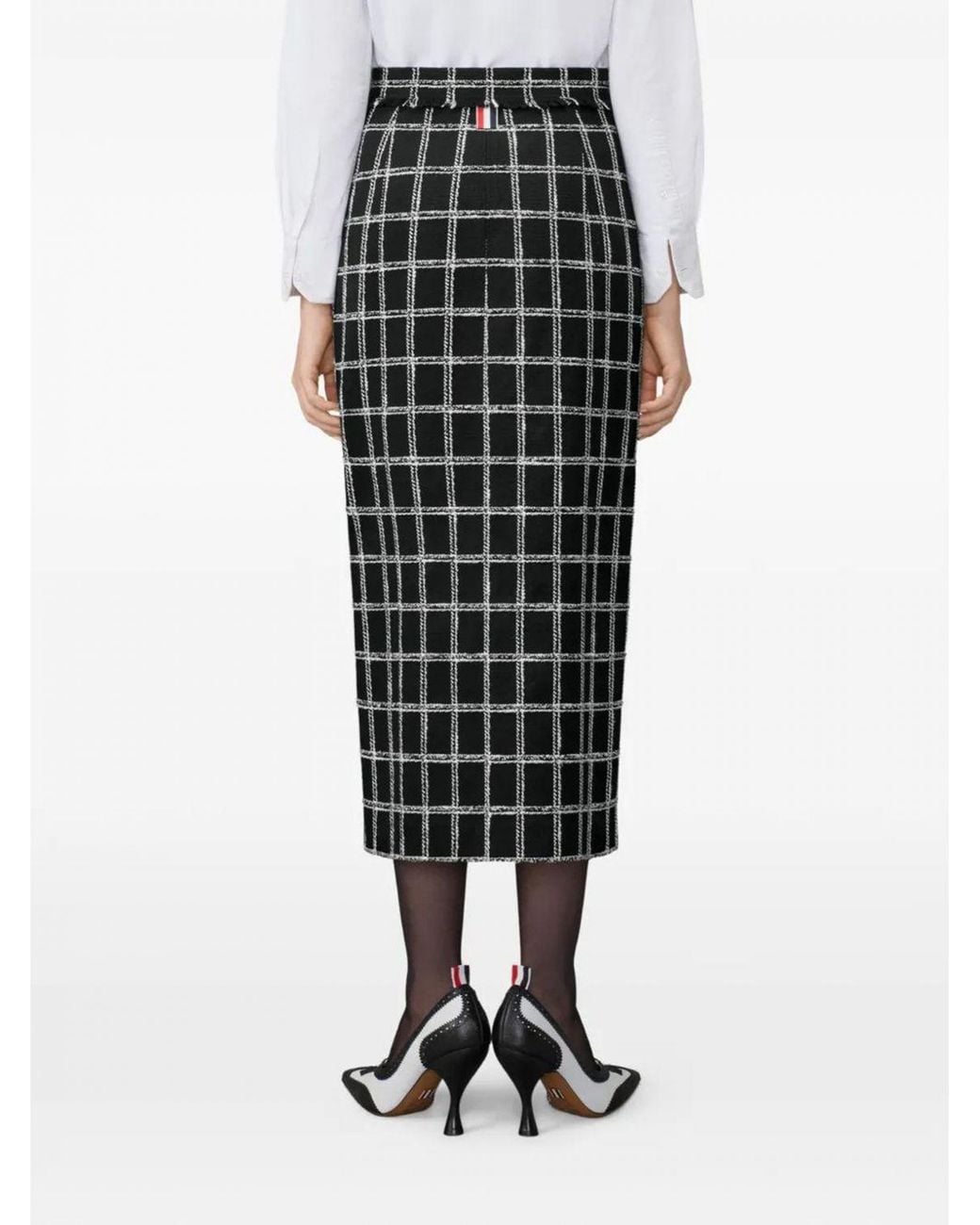 Thom Browne Black High-Waisted Check Cotton Blend Midi Pencil Skirt