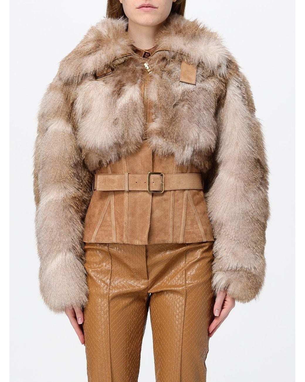 Elisabetta Franchi Brown Short Faux Suede And Faux Fur Jacket With Belt