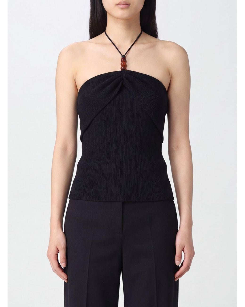 Magda Butrym Black Slim Fit Beaded X-Neck Top With Thin Straps