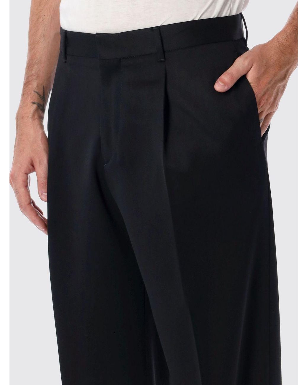 Lardini Black Pure Virgin Wool Wide-Leg Trousers With Darts And Mid-Rise Waist for men