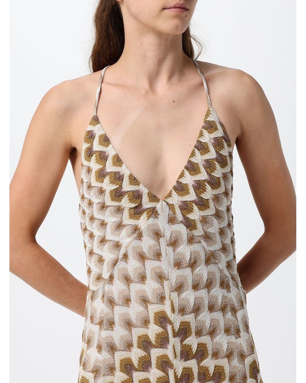 Missoni Natural Long Geometric Lurex Evening Gown With V-Neck