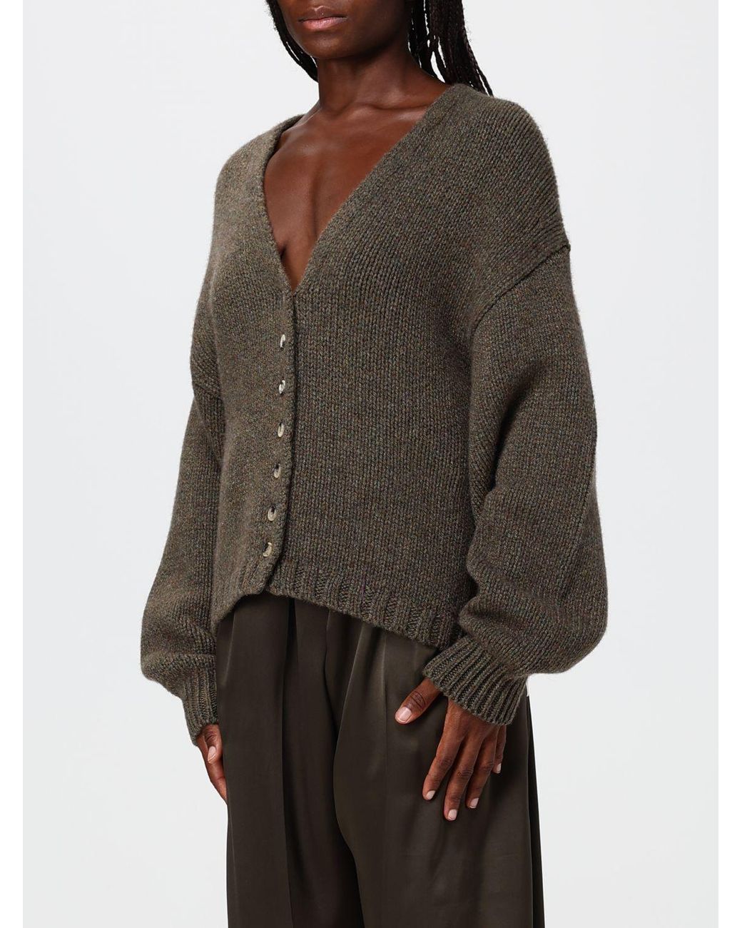 Khaite Green Deep V-Neck Pure Cashmere Cardigan