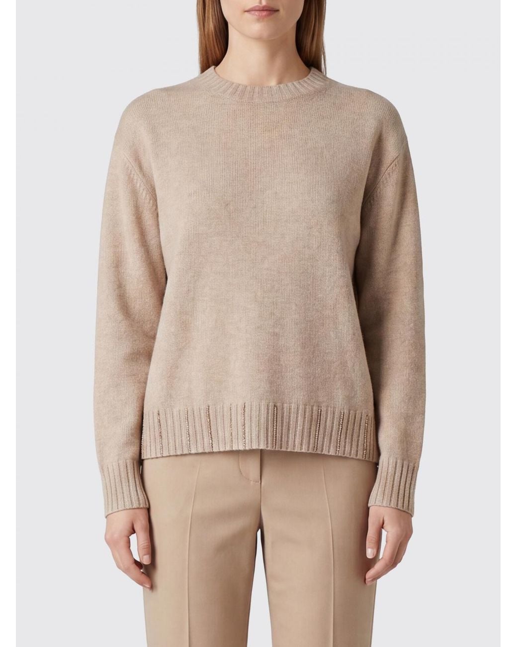 Fabiana Filippi Natural Virgin Wool Silk And Cashmere Crewneck Sweater With Monili