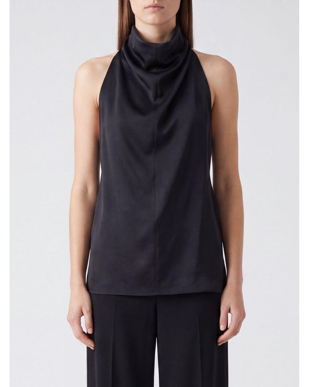 Khaite Blue Sleeveless Draped Satin Turtleneck Top
