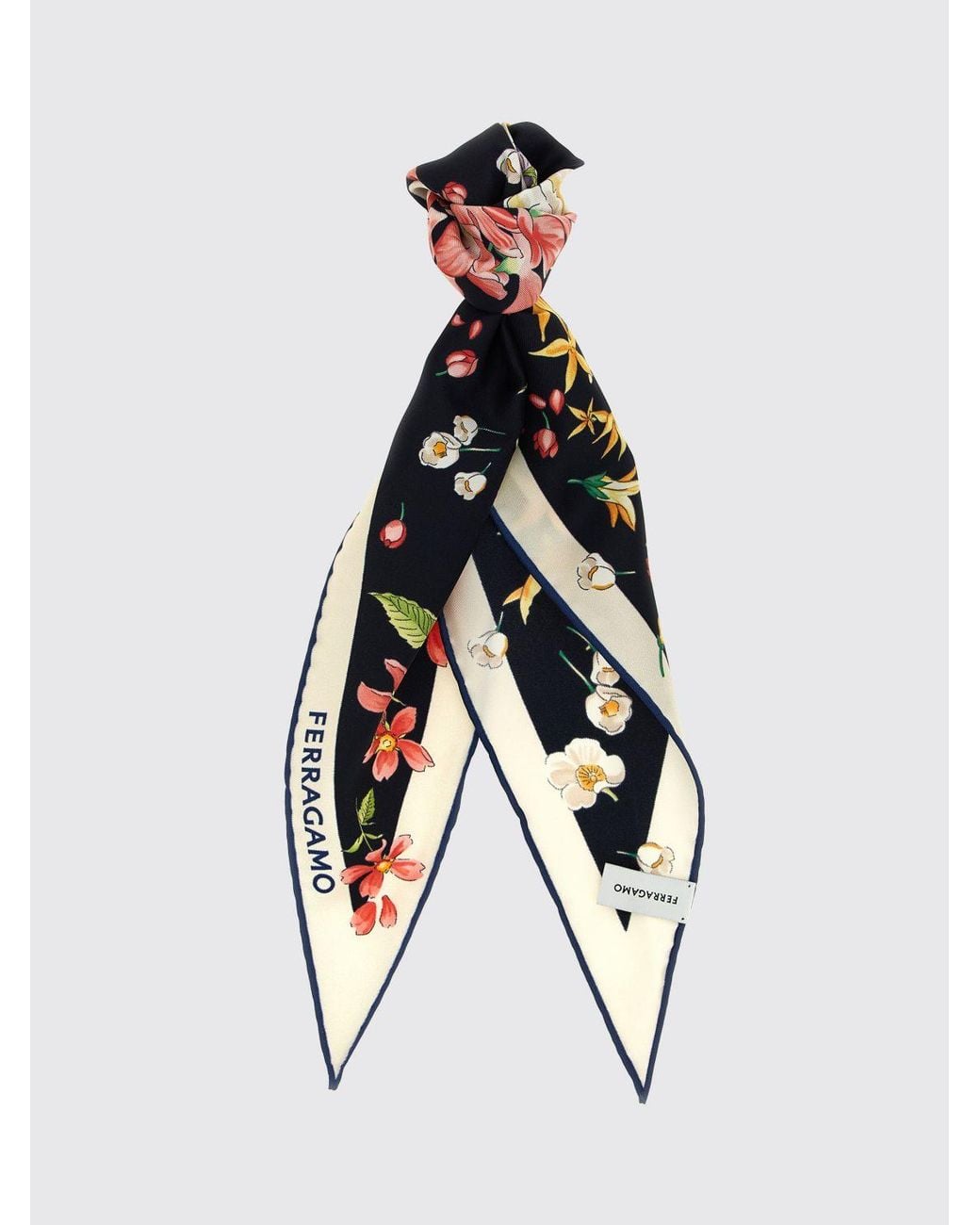 Ferragamo White Floral Print Diamond-Shaped Pure Silk Foulard