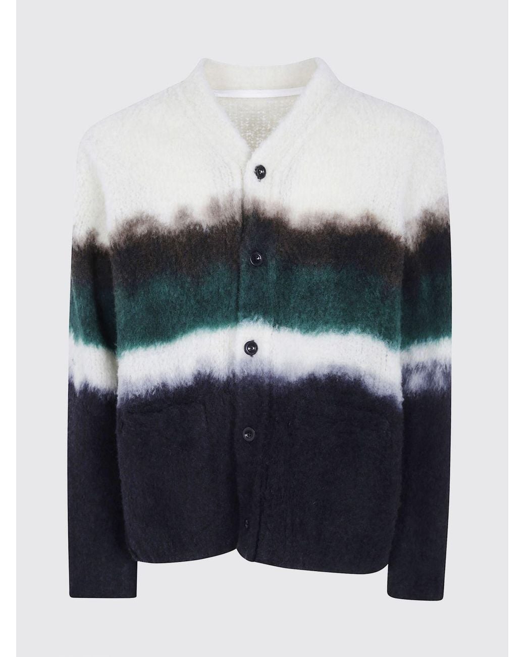 Sacai Blue Multicolour Striped Wool Cardigan With V-Neck And Patch Pockets for men