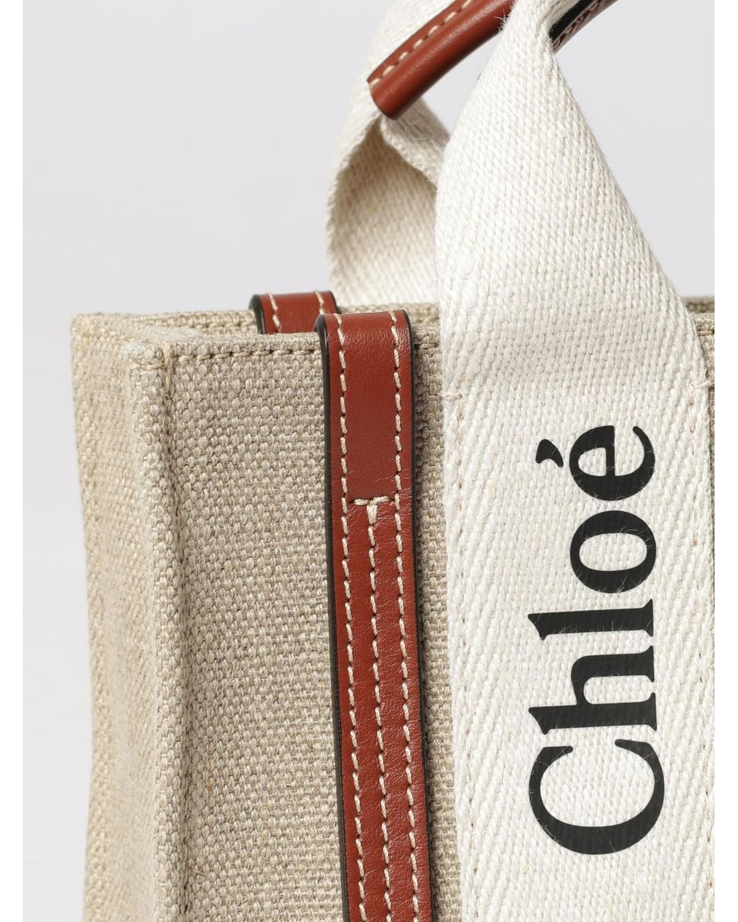 Chloé Natural ChloÉ Woody Mini Linen And Cotton Tote Bag With Logo Handles