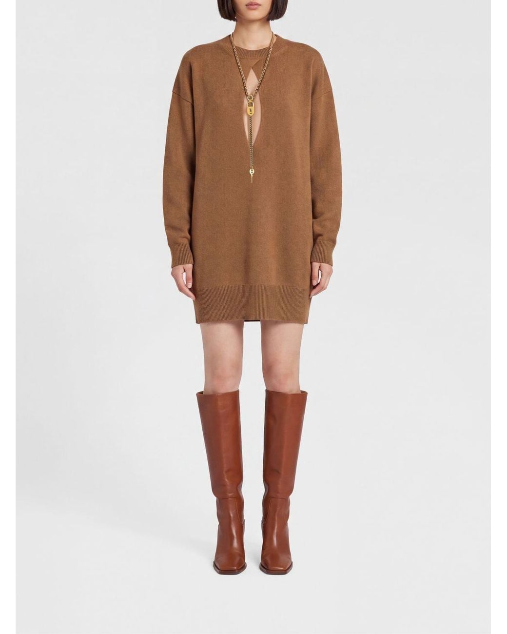 Elisabetta Franchi Brown Jewelled Cut-Out Knit Mini Dress