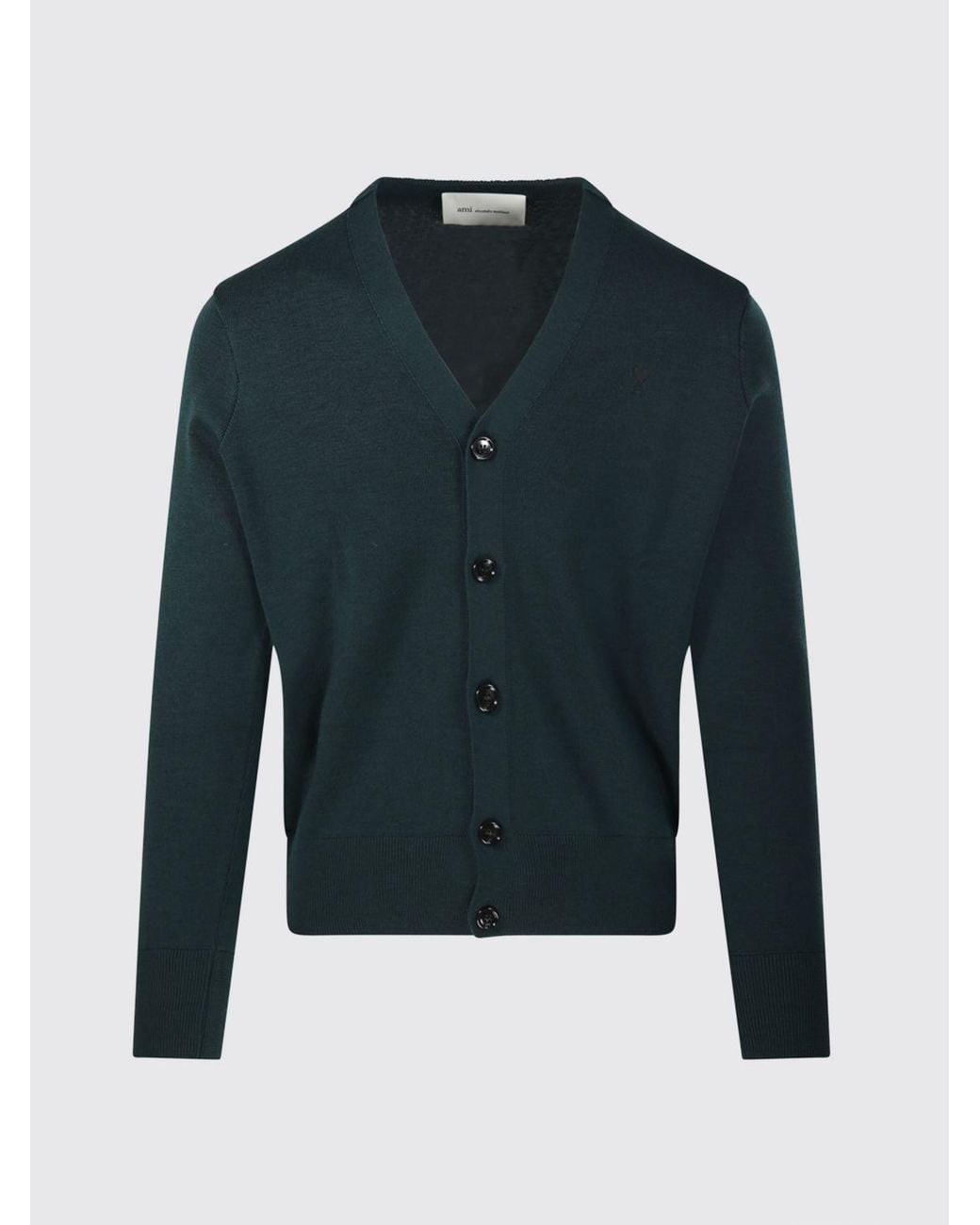 AMI Blue V-Neck Wool Cardigan With Contrast Embroidered Logo for men