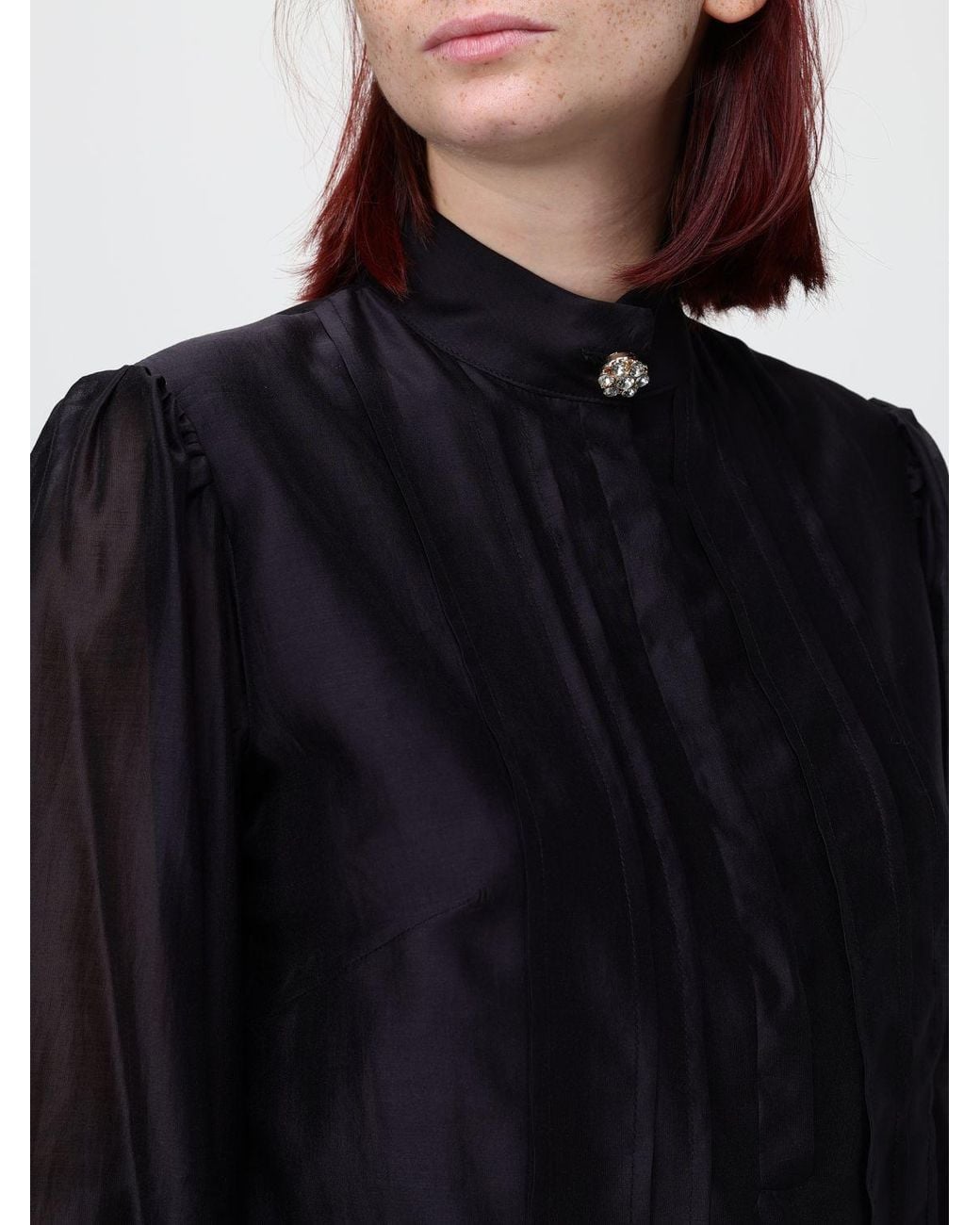 Hanita Blue Satin Shirt With Mandarin Collar And Embroidered Plastron