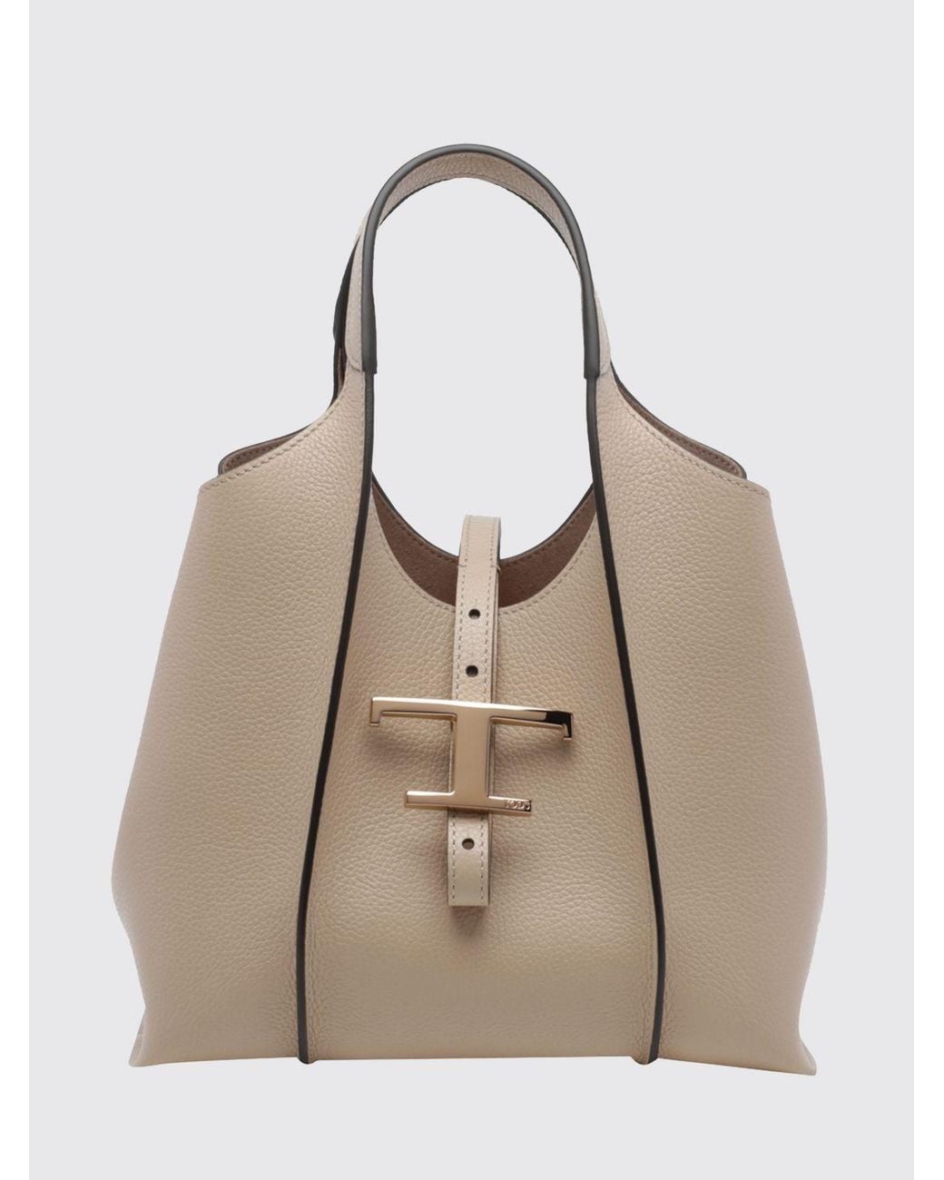 Tod's Natural T Timeless Grained Leather Handbag With Metal Logo