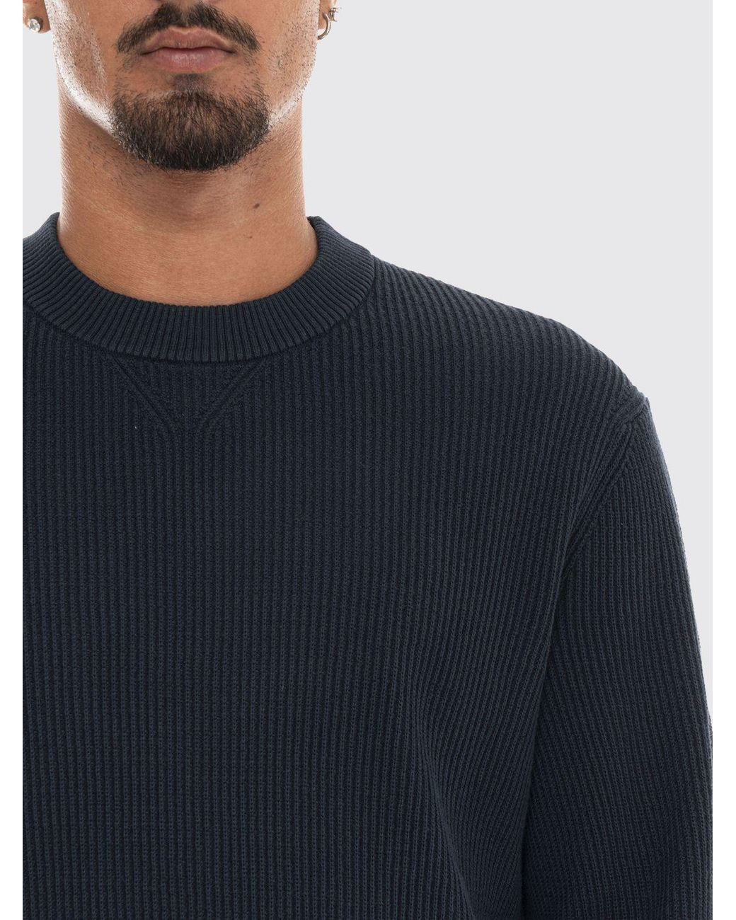 Boss Blue Crewneck Cotton Blend Jumper With Ribbed Trims for men