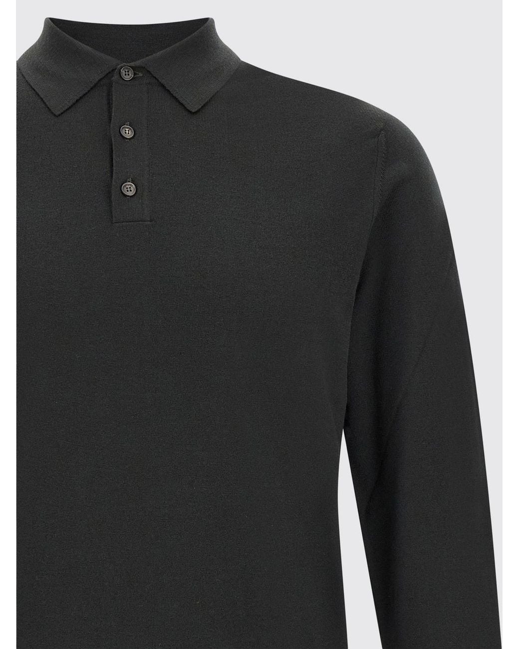 Zanone Black Long-Sleeved Knit Wool Polo With Three-Button Placket for men